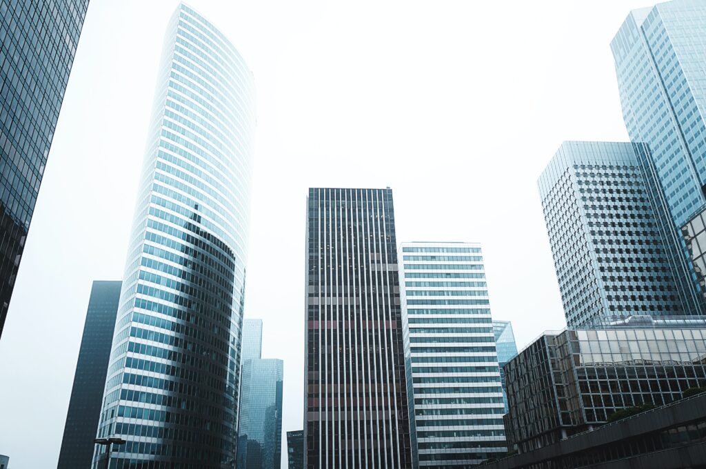 skyscrapers in fog